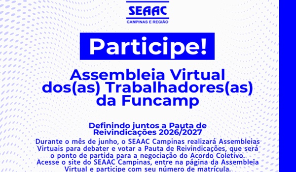 Prazo para a inclusão de cláusulas da Pauta de Reivindicações dos trabalhadores da Funcamp começa nesta segunda, dia 15 de junho