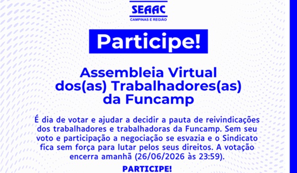 Votação da Pauta de Reivindicações dos trabalhadores da Funcamp termina hoje, 26 de junho, às 23h59min